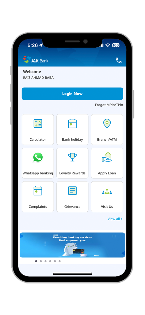 JKB mPay Delight+ - JKB mPay Delight plus mobile banking app home screen showing various banking services and login button