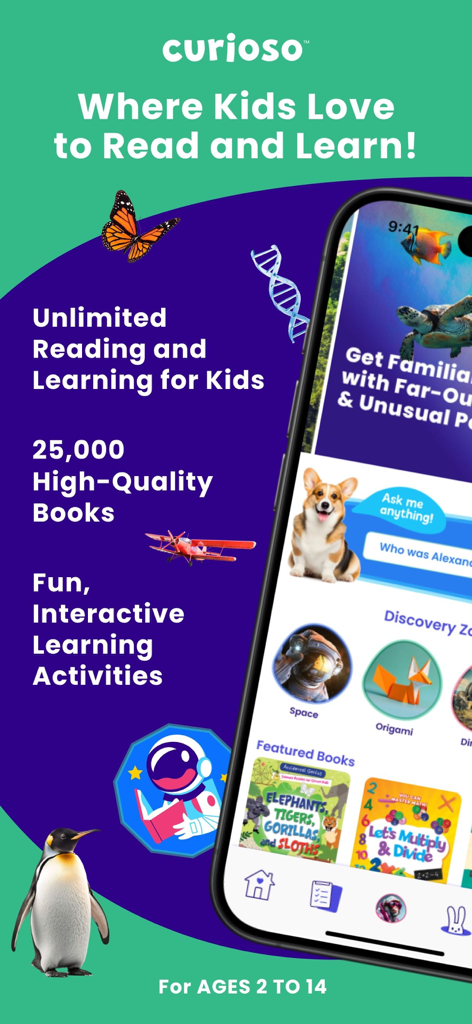 Curioso: Kids' Online Learning - Curioso mobile app interface showing educational books and interactive learning zones for kids aged 2 to 14