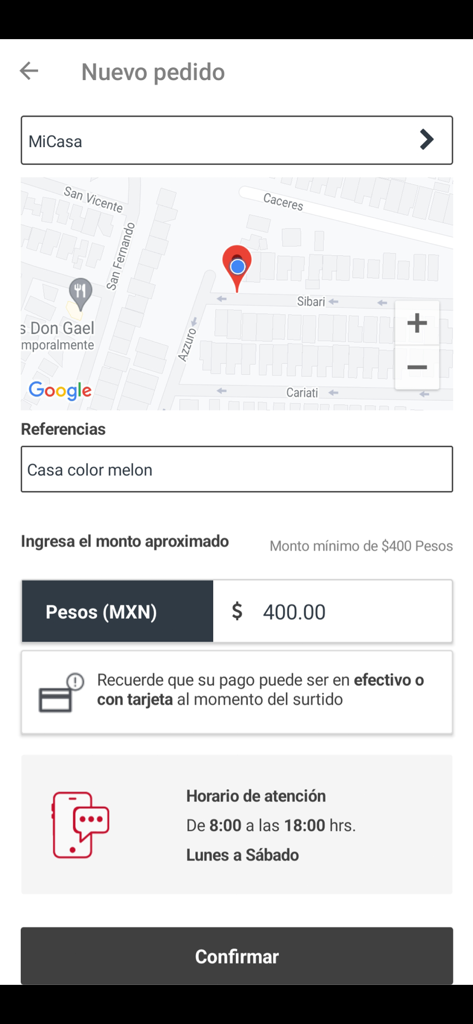 Pedidos Gas Sultana - A mobile app interface for ordering gas with a map and price selection