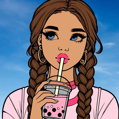 realistic girl with braided hair drinking boba
