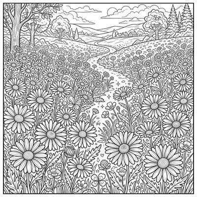 Dive into a breathtaking landscape filled with blooming daisies, perfect for teens seeking a detailed and engaging coloring experience. This intricate design invites you to bring a vibrant meadow scene to life with your unique palette.