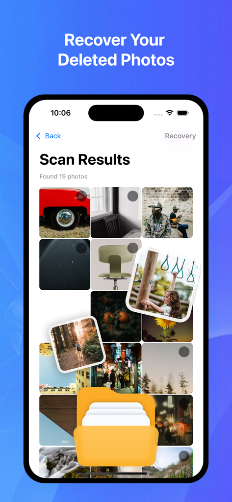 Photo Recovery-Data Recovery - Interfaz de la aplicación Photo Recovery que muestra los resultados del escaneo con una cuadrícula de imágenes recuperadas