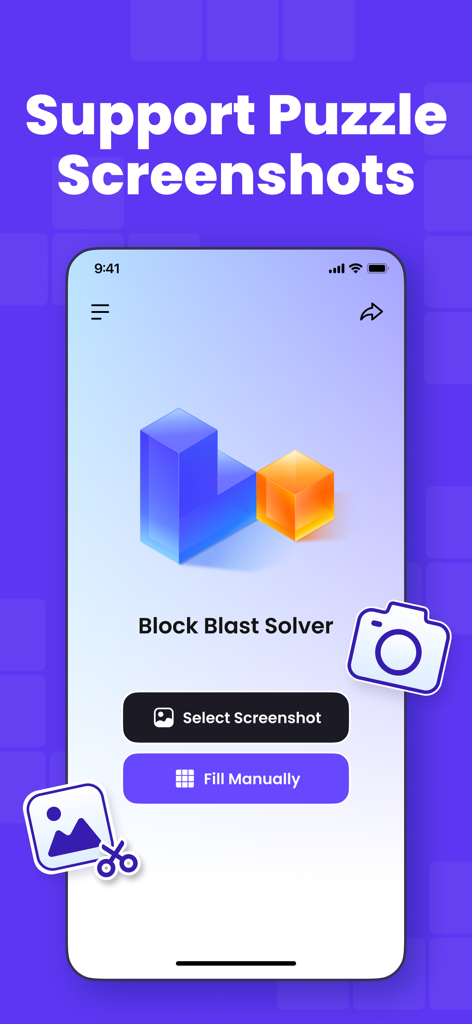 Block Puzzle Solver for Blast - Interface of Block Blast Solver app with buttons to select a screenshot or fill manually