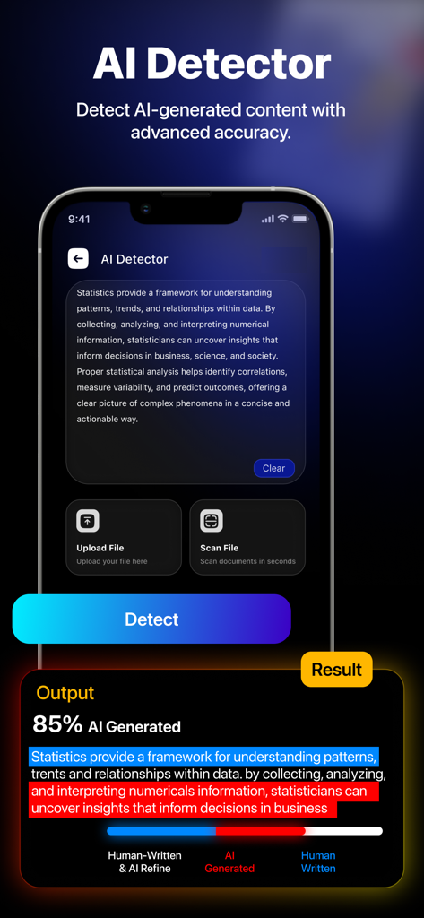 Humanize AI: Paraphrase Tool! - AI Detector screen in the Humanize AI app showing an 85 percent AI-generated result for analyzed text
