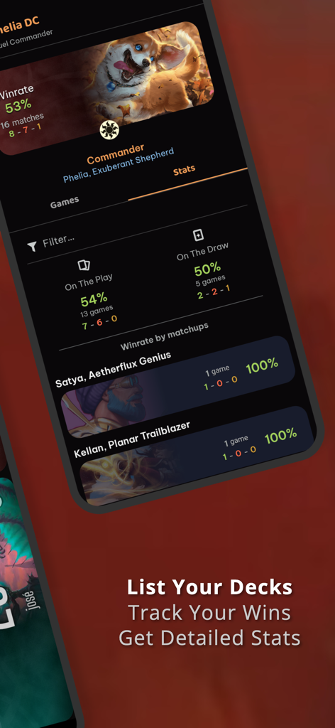 MTG Life Counter: Mythic Tools - Magic The Gathering deck performance statistics and win rate tracking interface