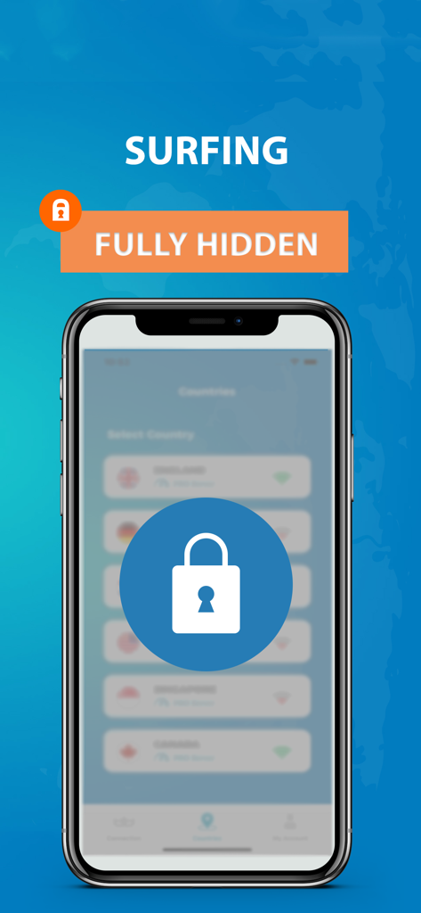 VPN Extra - Limitsiz VPN - VPN Extra app interface on a smartphone with a padlock symbol and surfing fully hidden message