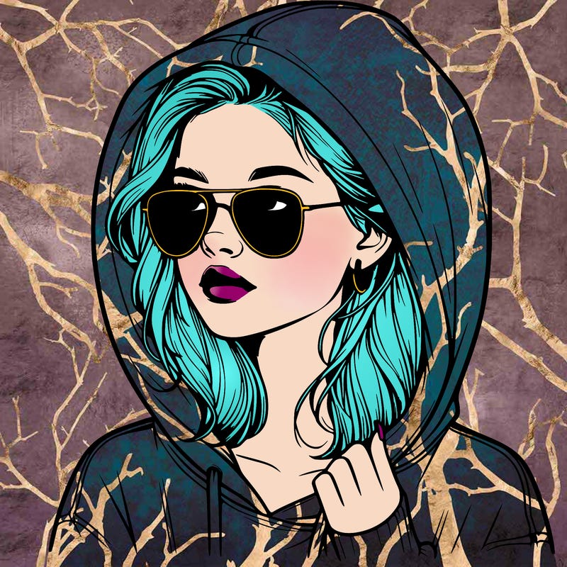 realistic teenage girl, wearing a hoodie and sunglasses