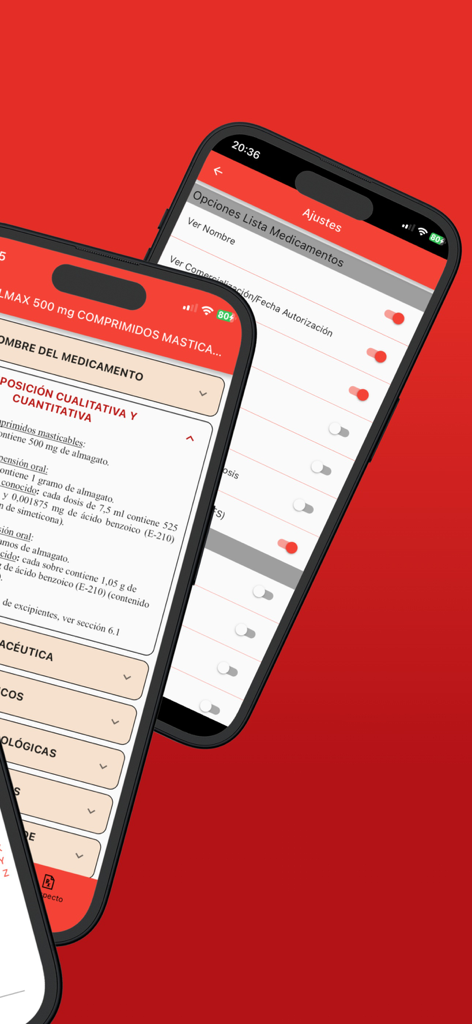 Vademecum 2025 Medicamentos - 의약품 세부 정보 및 설정을 보여주는 두 대의 iPhone에서의 Vademecum 2025 앱 인터페이스