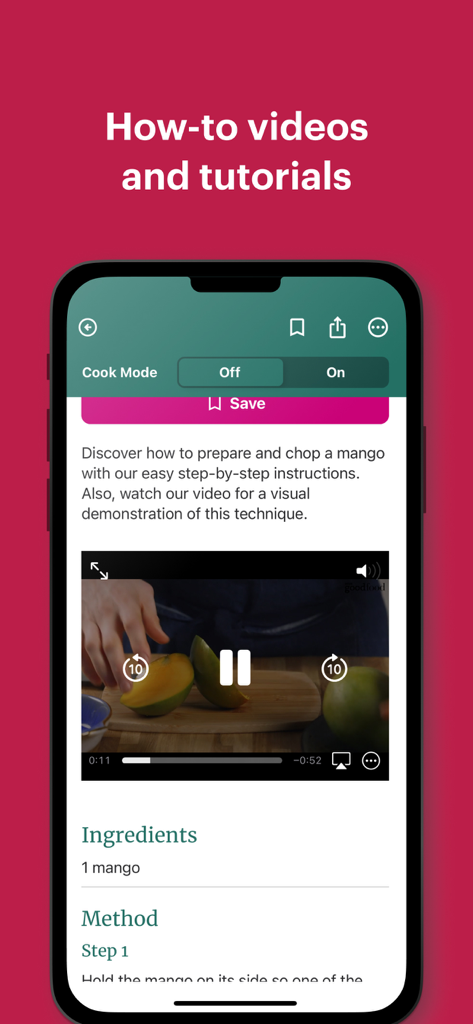 Good Food: Recipe Finder - Good Food app screenshot showing a how-to video tutorial for chopping a mango with cook mode settings and ingredients list