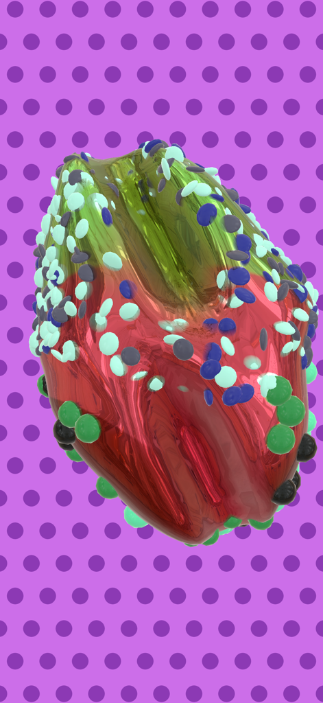 Slime Studio - Red and green metallic slime with colorful confetti on a purple polka dot background