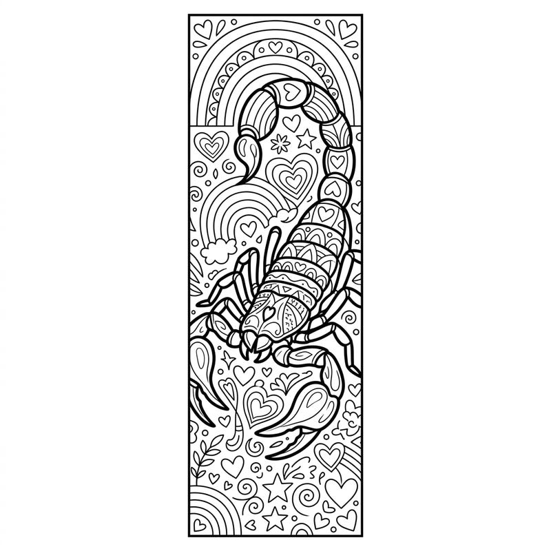Embrace the spirit of Pride Month with this striking scorpion bookmark coloring page. Its intricate design combines natural beauty with symbols of love and diversity, perfect for personalizing your reads.