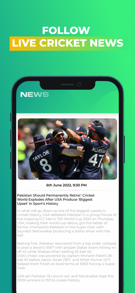 Smartcric - HD Live Cricket TV - A mobile screen showing the latest live cricket news updates on the Smartcric app