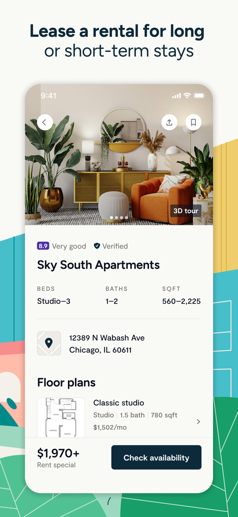 Zumper app interface showing a verified apartment listing in Chicago with a 3D tour option and floor plans.