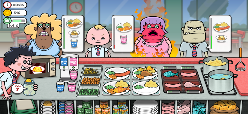 Feed the School! Cooking Chaos - A boy chef pranking an angry teacher with spicy chili peppers in a school cafeteria cooking game.