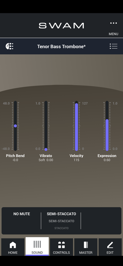 La interfaz de configuración de sonido de la aplicación SWAM Tenor Bass Trombone muestra deslizadores de tono, vibrato, velocidad y expresión.