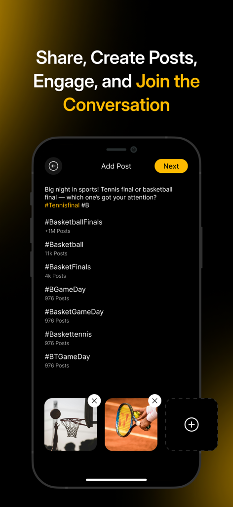 The LockerRoom App - Mobile screen showing the creation of a sports post with hashtags and images on The LockerRoom App