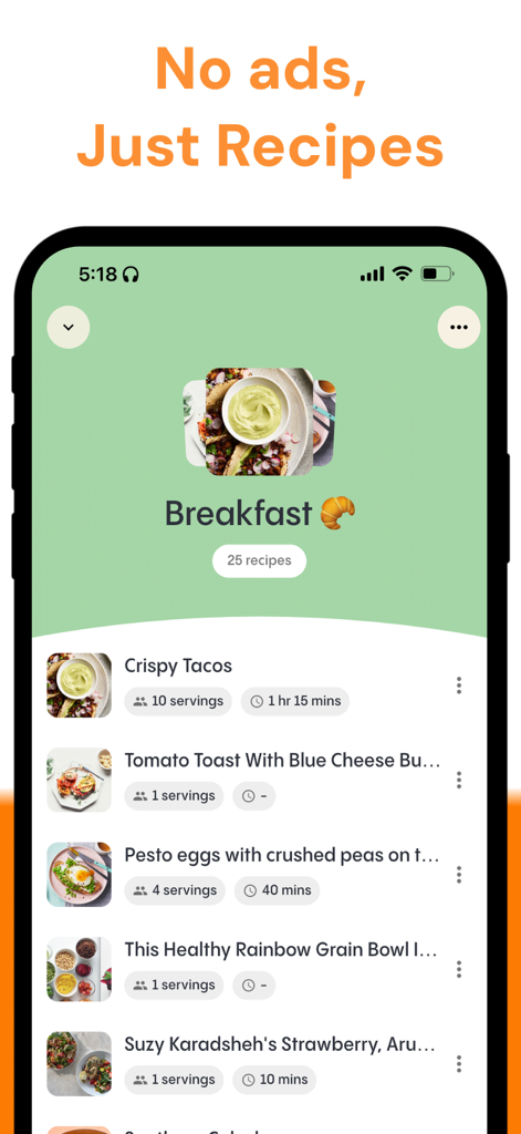 Reciply mobile app interface showing an organized list of breakfast recipes with servings and preparation times.