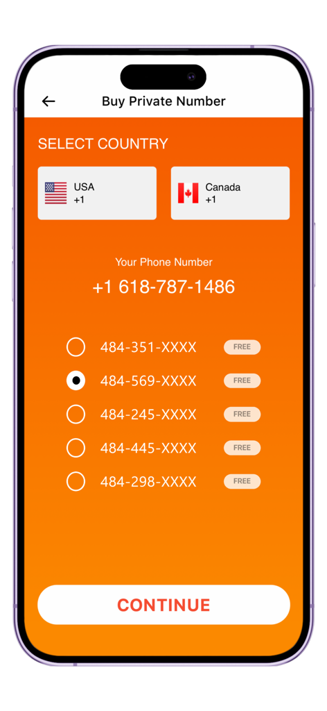 A mobile screen showing the options to buy a private phone number from the USA or Canada with a list of available numbers and a continue button