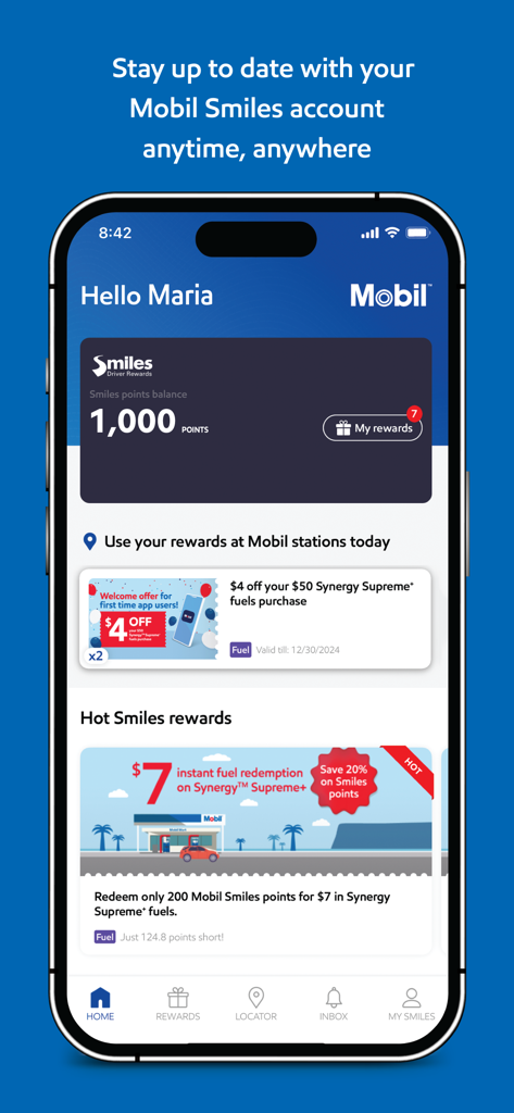 Mobil Guam app dashboard showing Smiles Driver Rewards points balance and exclusive fuel offers