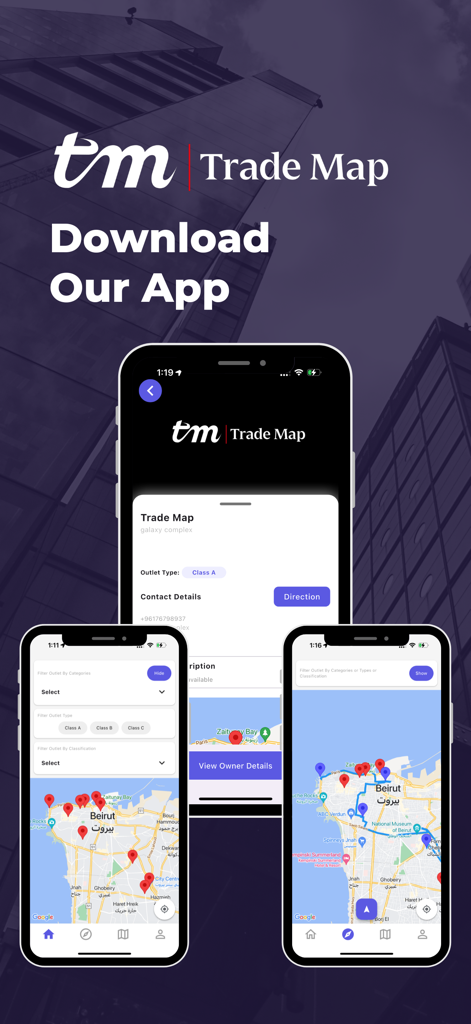 Trade Map mobile app interface showing interactive store location maps and business filtering for field sales teams.