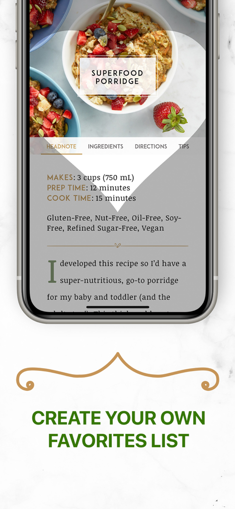 Oh She Glows app displaying a Superfood Porridge recipe with dietary information and favorites list option.