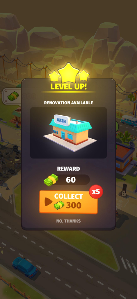 Level up screen in Roadside Empire showing a car wash renovation and cash rewards.