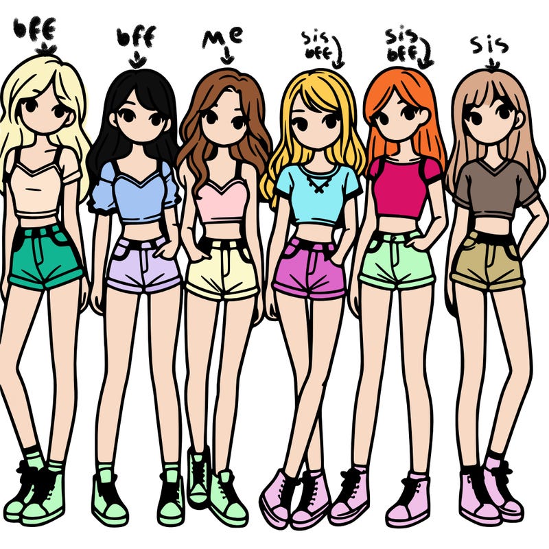 a group of girls wearing crop tops and shorts