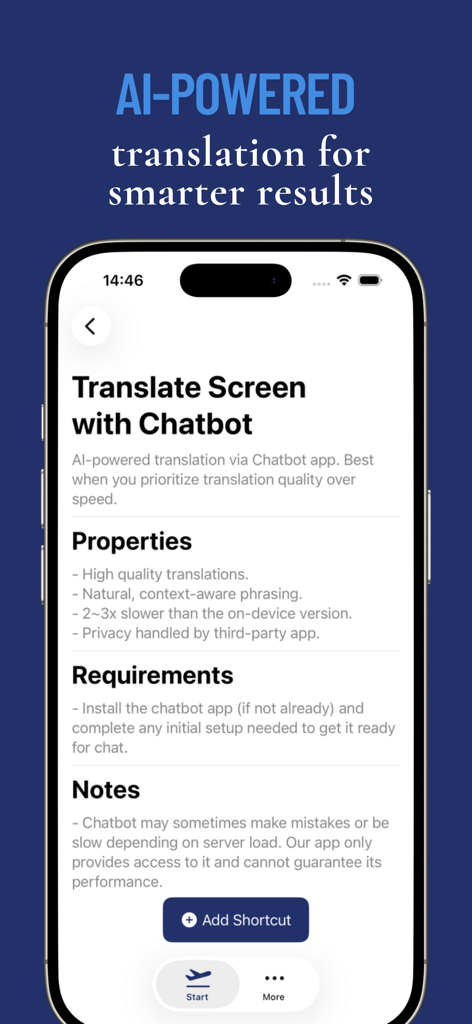 Smartphone screen showing AI-powered translation settings and chatbot integration features in the Screen Translator-TapTranslate app.