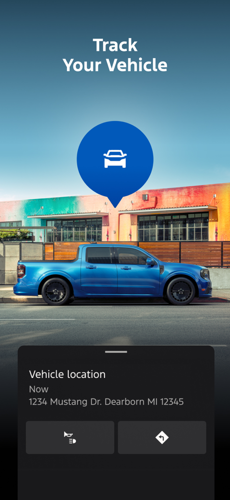 Interfaz de la aplicación Ford que muestra la función de seguimiento del vehículo con una camioneta pickup azul y un pin de ubicación GPS