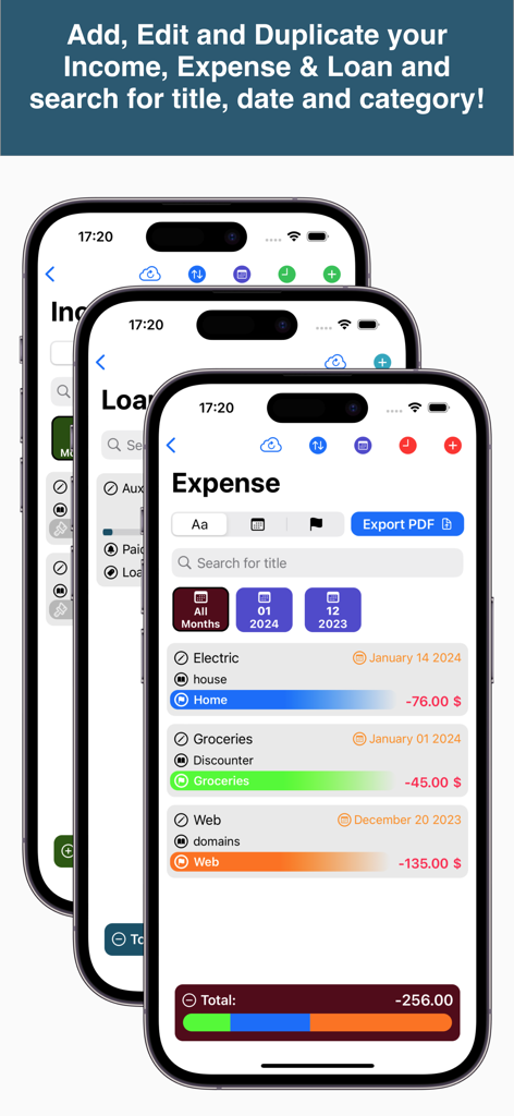 SimpleMoney - Capturas de pantalla de la interfaz de la aplicación SimpleMoney mostrando gastos categorizados y gestión de préstamos en varios iPhones.