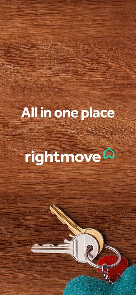 Rightmove property search - 木製のテーブルの上に家の鍵が置かれ、「すべてを1か所に」というスローガンが表示されたRightmove不動産検索アプリのスプラッシュ画面。