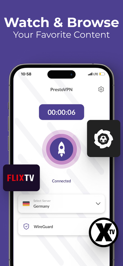 iPhone上のPresto VPNアプリ画面。ドイツのサーバーに接続されており、ストリーミングサービスアイコンが表示されています。