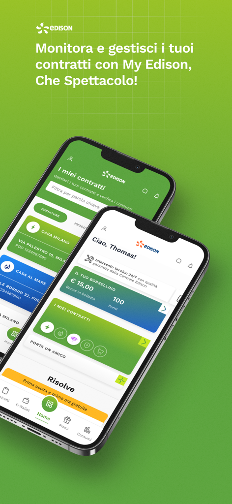 Due iPhone che mostrano l'interfaccia dell'app My Edison per la gestione dei contratti di energia e gas su sfondo verde