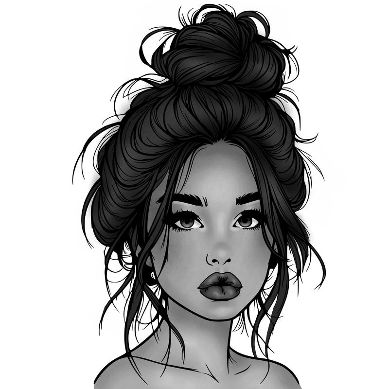 realistic girl with a messy bun and she has lips