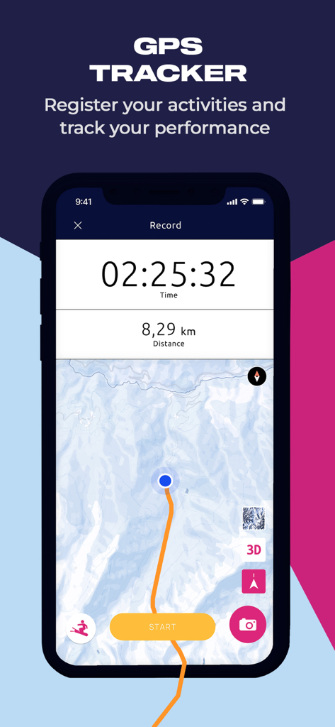 Vialattea Ski - Interface of the Vialattea Ski app GPS tracker showing time distance and a topographic map for recording outdoor activities.