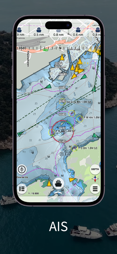mKart Marine Navigation - mKart app interface displaying real-time AIS marine traffic and professional nautical charts on a smartphone