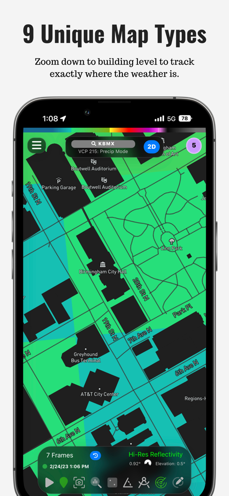 RadarOmega - RadarOmega app interface showing high resolution weather radar overlaid on a detailed city map with building outlines