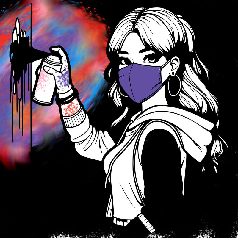 realistic girl with mask spray painting a wall