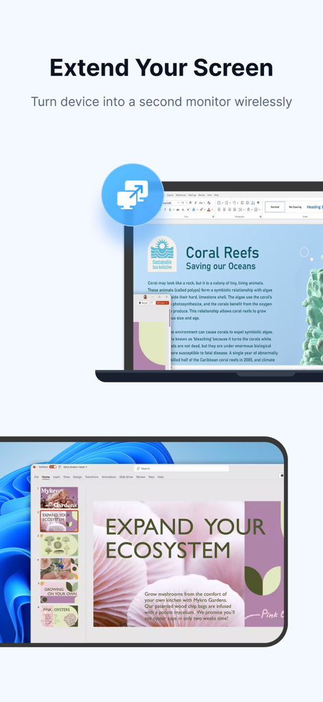 Wireless screen extension feature turning a mobile device into a second monitor for a laptop