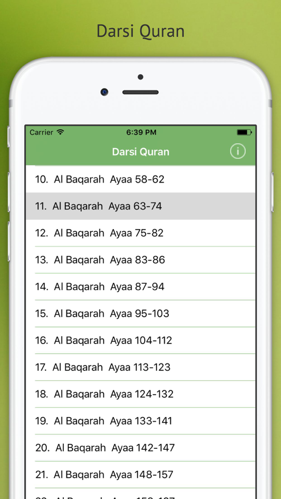 Darsi Quran - Interfaz de la aplicación Darsi Quran mostrando una lista de versos de Al Baqarah en traducción oromo
