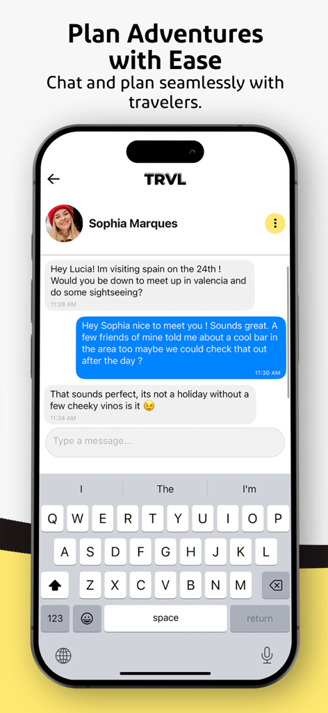 TRVL - Travel & Meet Friends - A chat interface in the TRVL app where users are planning to meet in Valencia for sightseeing.