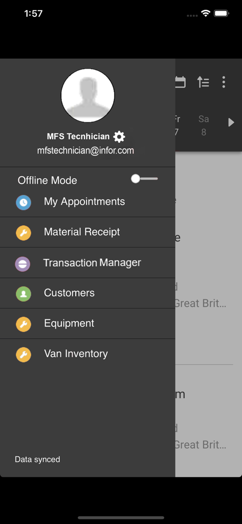 Side navigation menu of the Infor MFS Cloud app showing offline mode and field service management features.