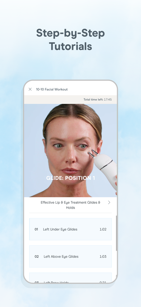 NuFACE app interface showing a step-by-step guided facial treatment tutorial with a microcurrent device