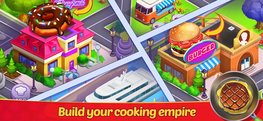 An overview of various restaurants and food shops on a map to build a cooking empire.