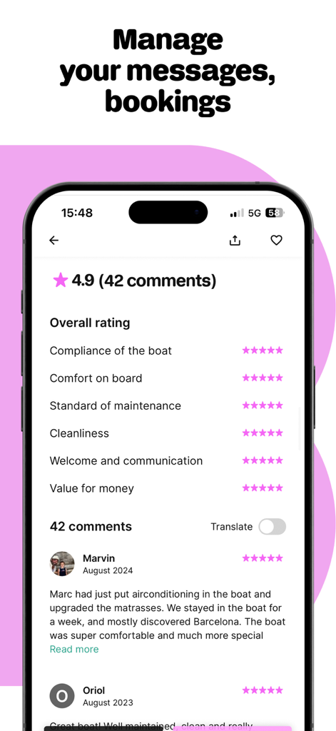 Click&Boat - Yacht Charters - Smartphone-Bildschirm mit Click and Boat App-Bewertungen und -Rezensionen für eine Bootsvermietung