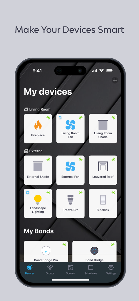 Interface of the Bond Home app showing a list of connected smart home devices including ceiling fans and shades