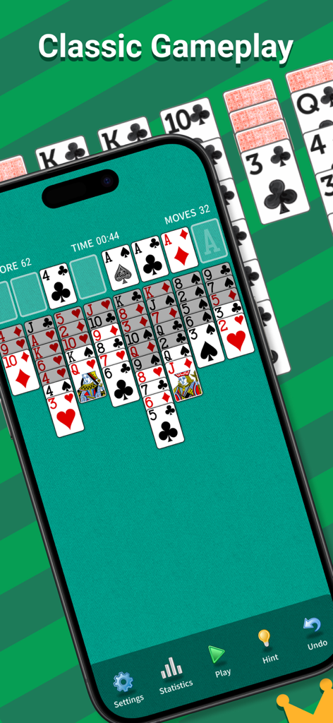 A mobile phone screen displaying a game of FreeCell Solitaire Classic with a green striped background.
