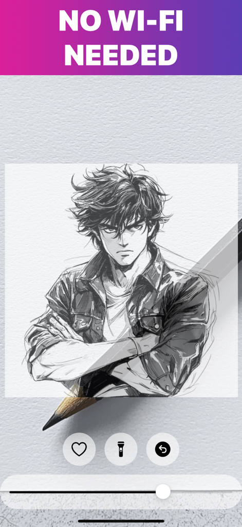 Interface of the AR Drawing app showing a detailed anime character sketch being traced on paper with no Wi-Fi needed.