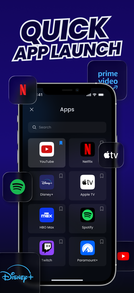 TV Remote Universal Control - Pantalla de smartphone que muestra la interfaz de lanzamiento rápido de aplicaciones para un control remoto universal de TV con iconos para Netflix, YouTube y Disney Plus.