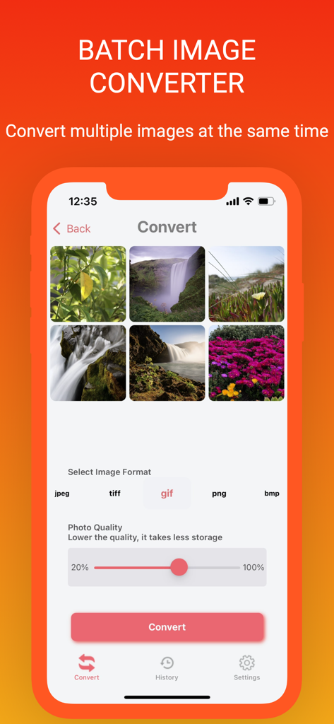Pantalla de smartphone mostrando la herramienta de conversión por lotes de imágenes con varias fotos seleccionadas para la conversión